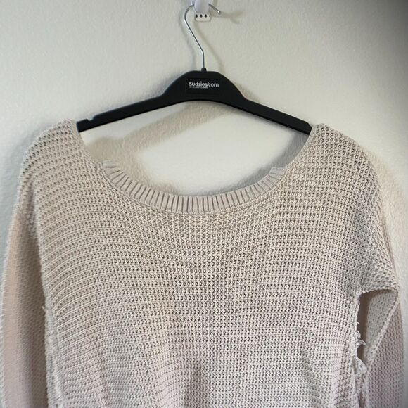 Free People Cream Waffle Knit Moonshine Cold Shoulder V-Neck Sweater Boho Sz S/P - Picture 4 of 12